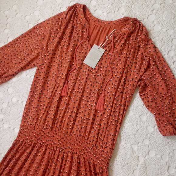 New Garnet Hill Midi Dress Orange Floral Knit Tassel Neck 3/4 Raglan XL Women - Picture 3 of 11